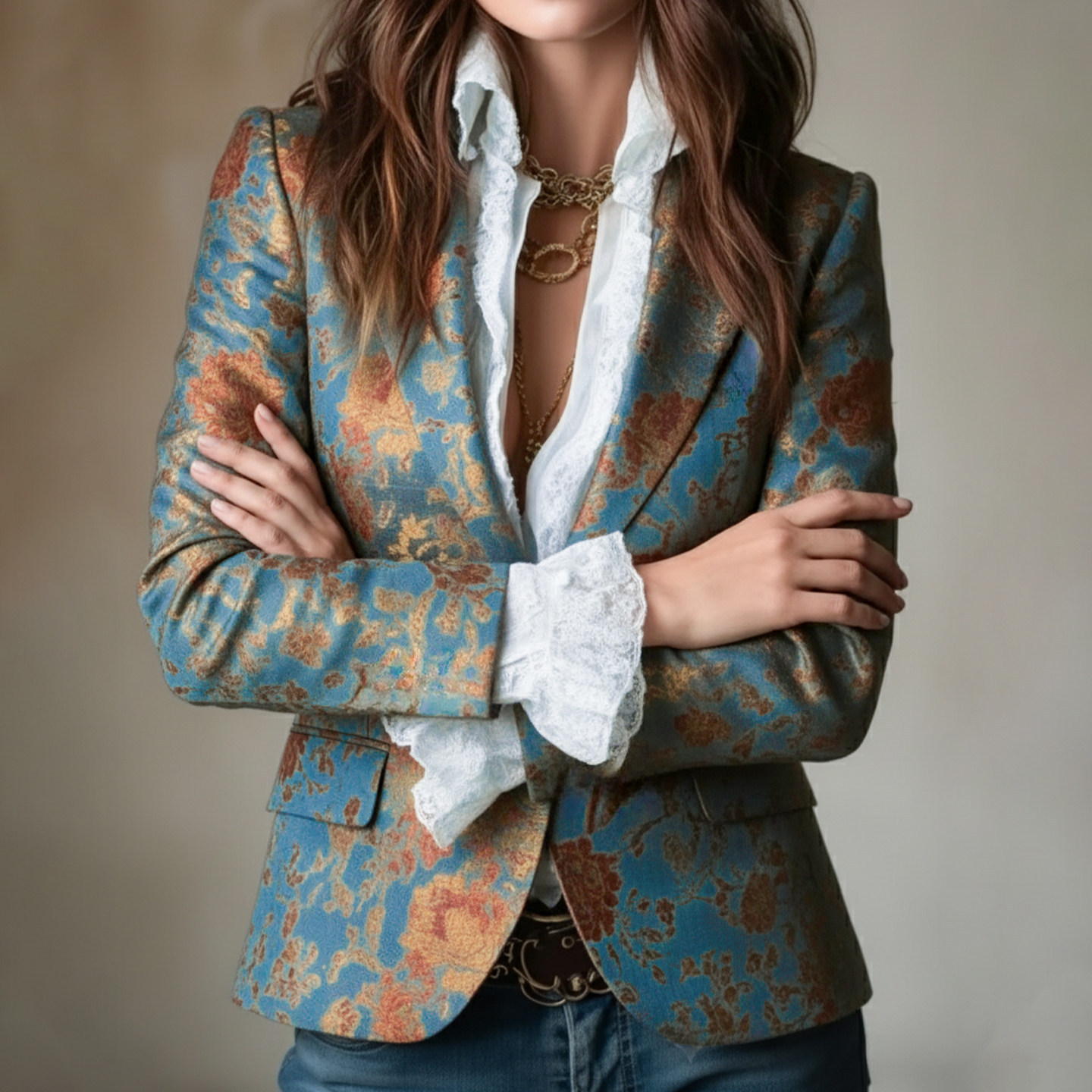 Sophisticated woman wearing retro print garment