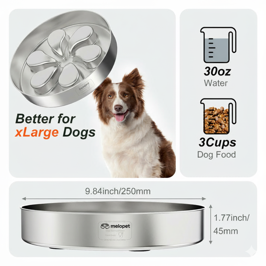 MeloPet Stainless Steel Slow-Feed Pet Bowl