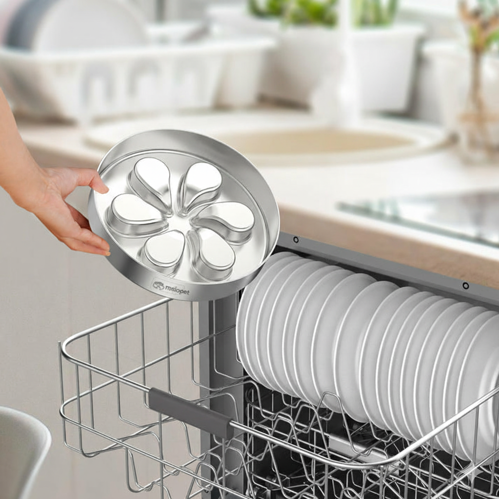 Dishwasher-safe pet bowl being cleaned
