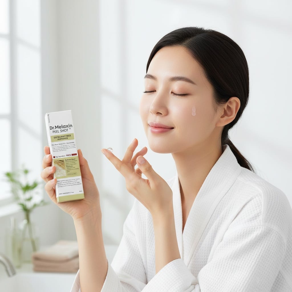 A person smiling confidently, showcasing their clear and smooth skin, with the Dr. Melax Peel Shot Exfoliating Black Rice Ampoule subtly visible.