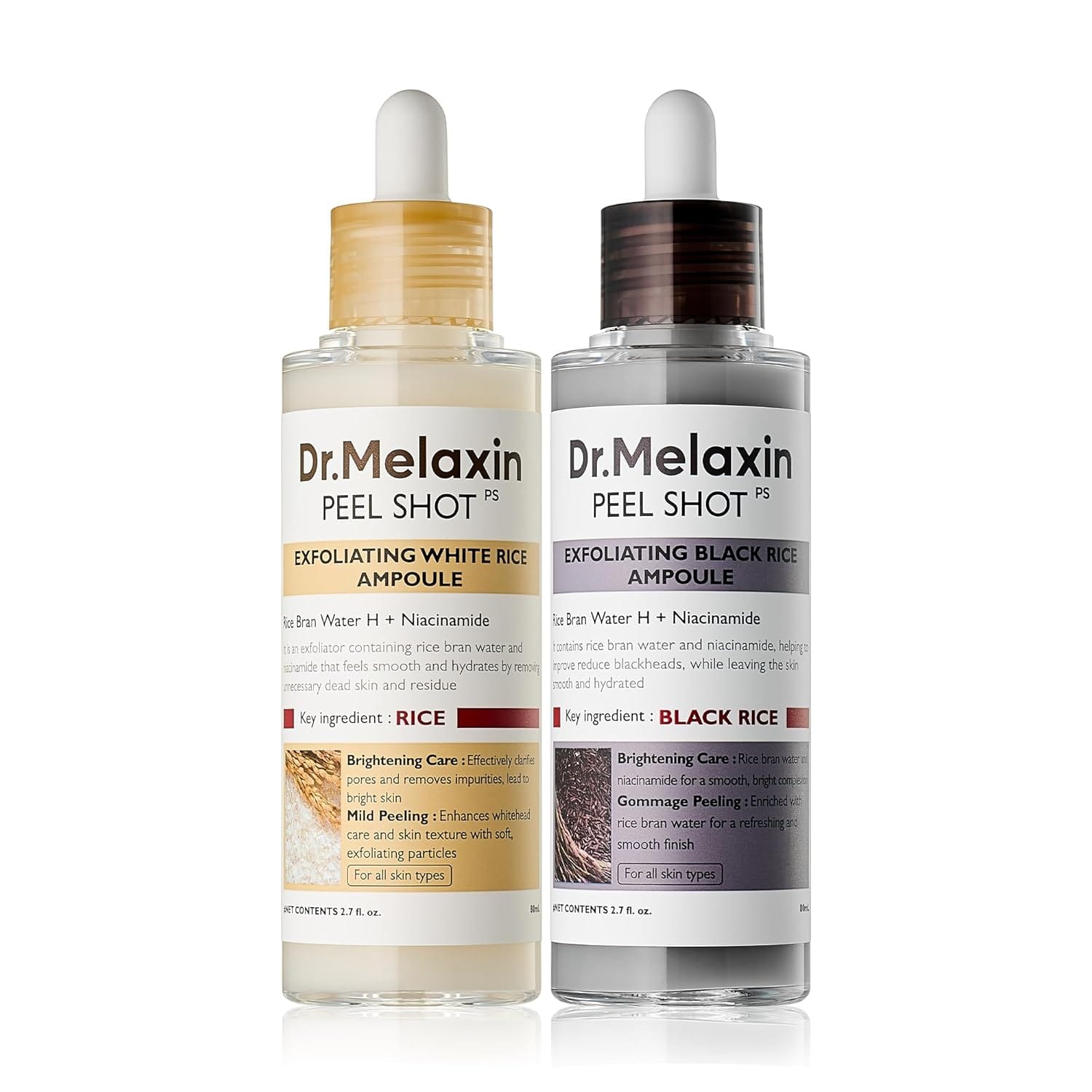 Dr. Melax Peel Shot Exfoliating Black Rice Ampoule bottle with a glowing skin background