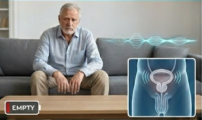 Man sitting on a chair with a discreet device, looking relieved.