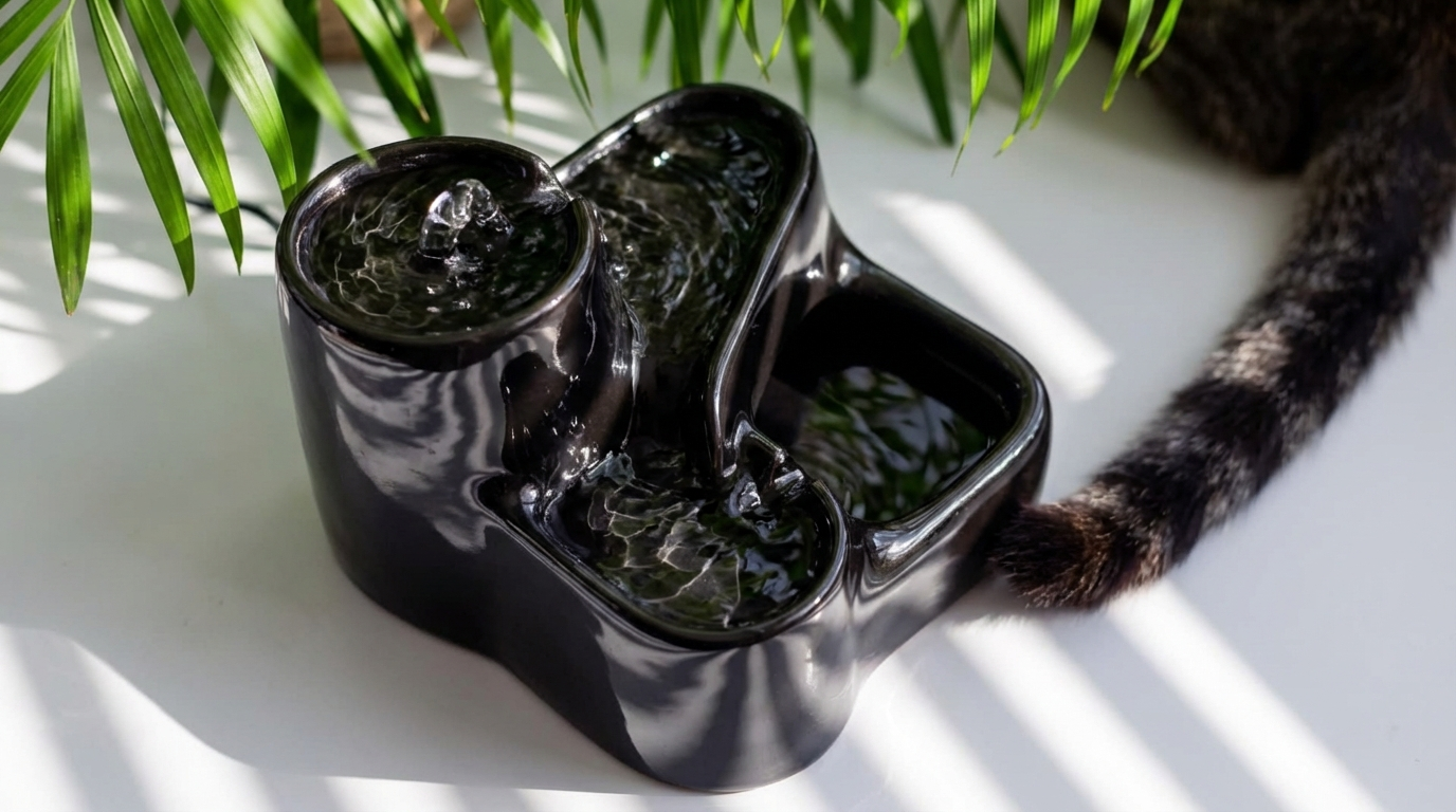 Chat buvant d'une fontaine à eau en céramique