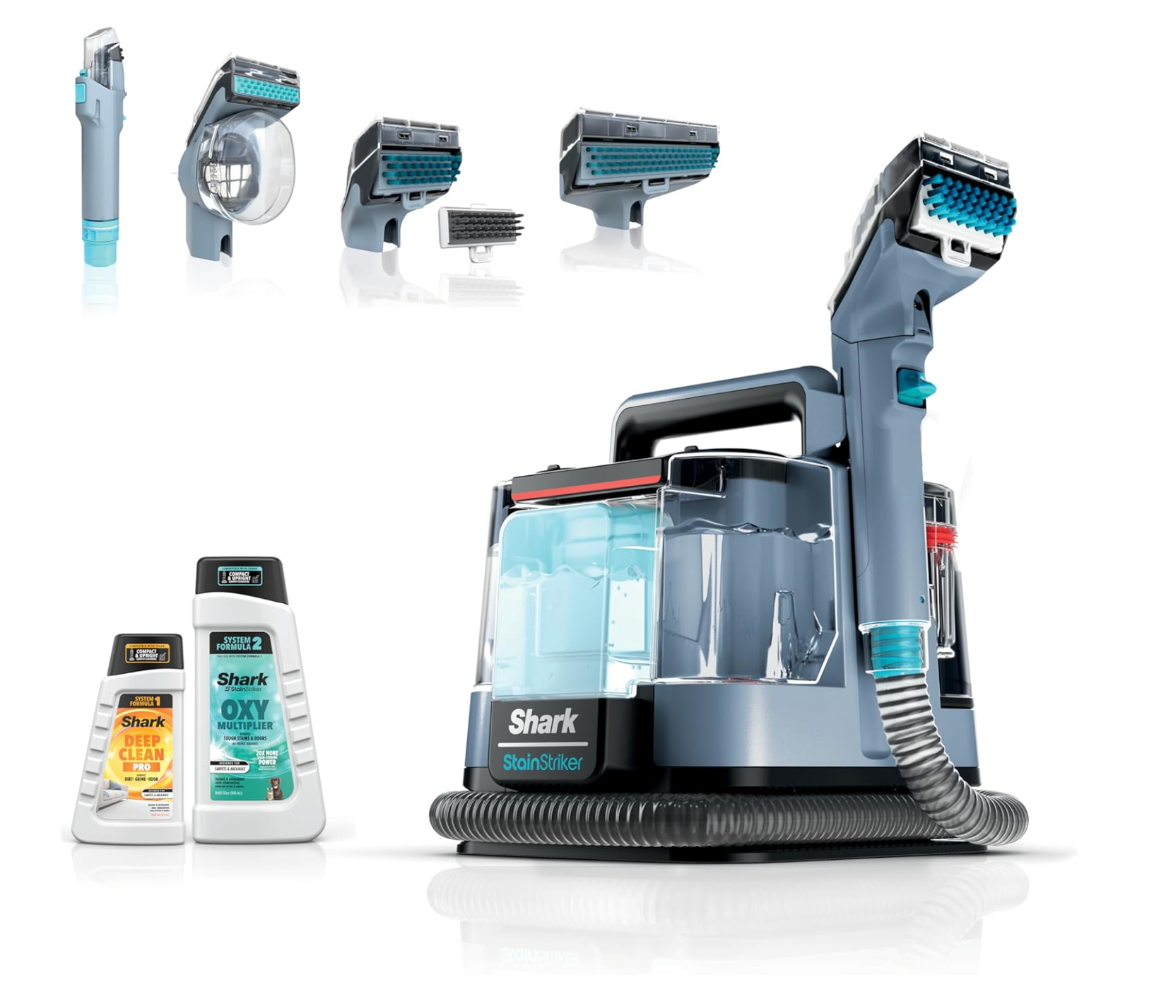 The Shark StainStriker's reversible bristle tool in use on a rug.