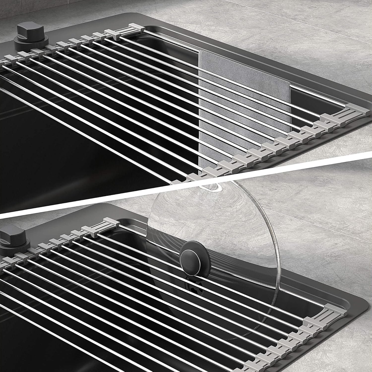 Scolapiatti arrotolabile in acciaio inox sopra lavello