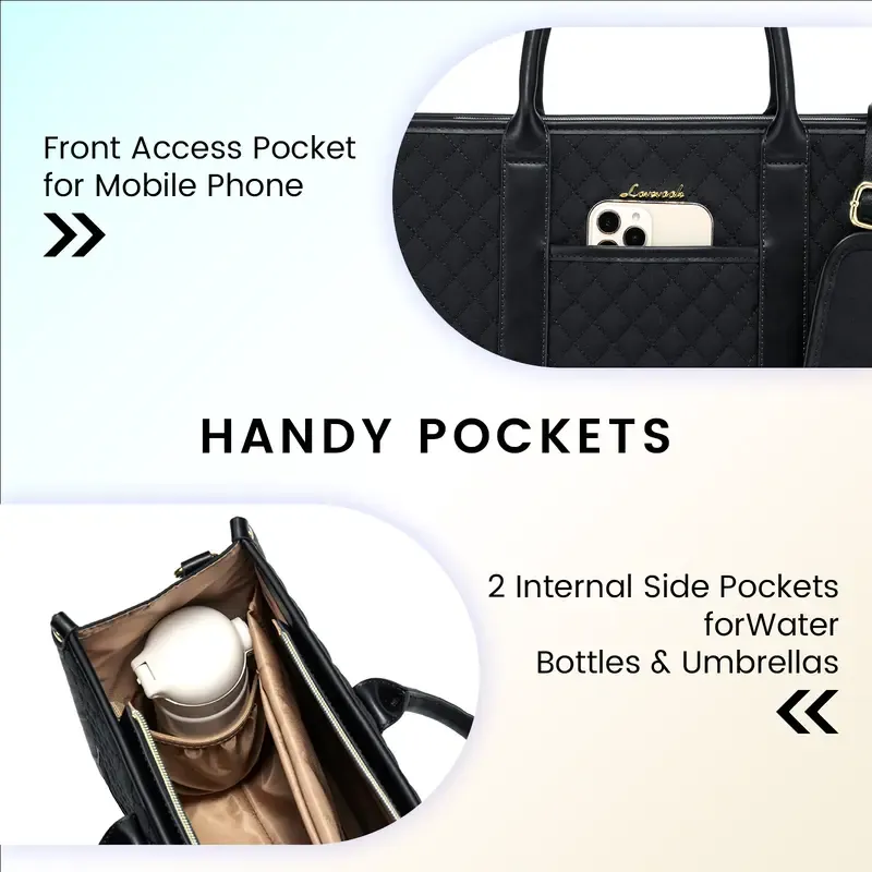 Classic black quilted tote bag with front pocket