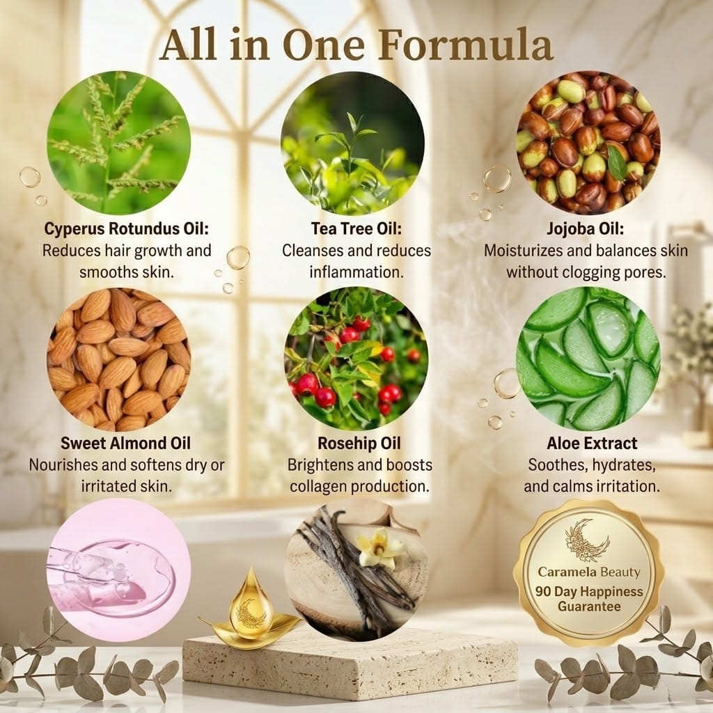 Close-up of hair growth reducing oil bottle with ingredients