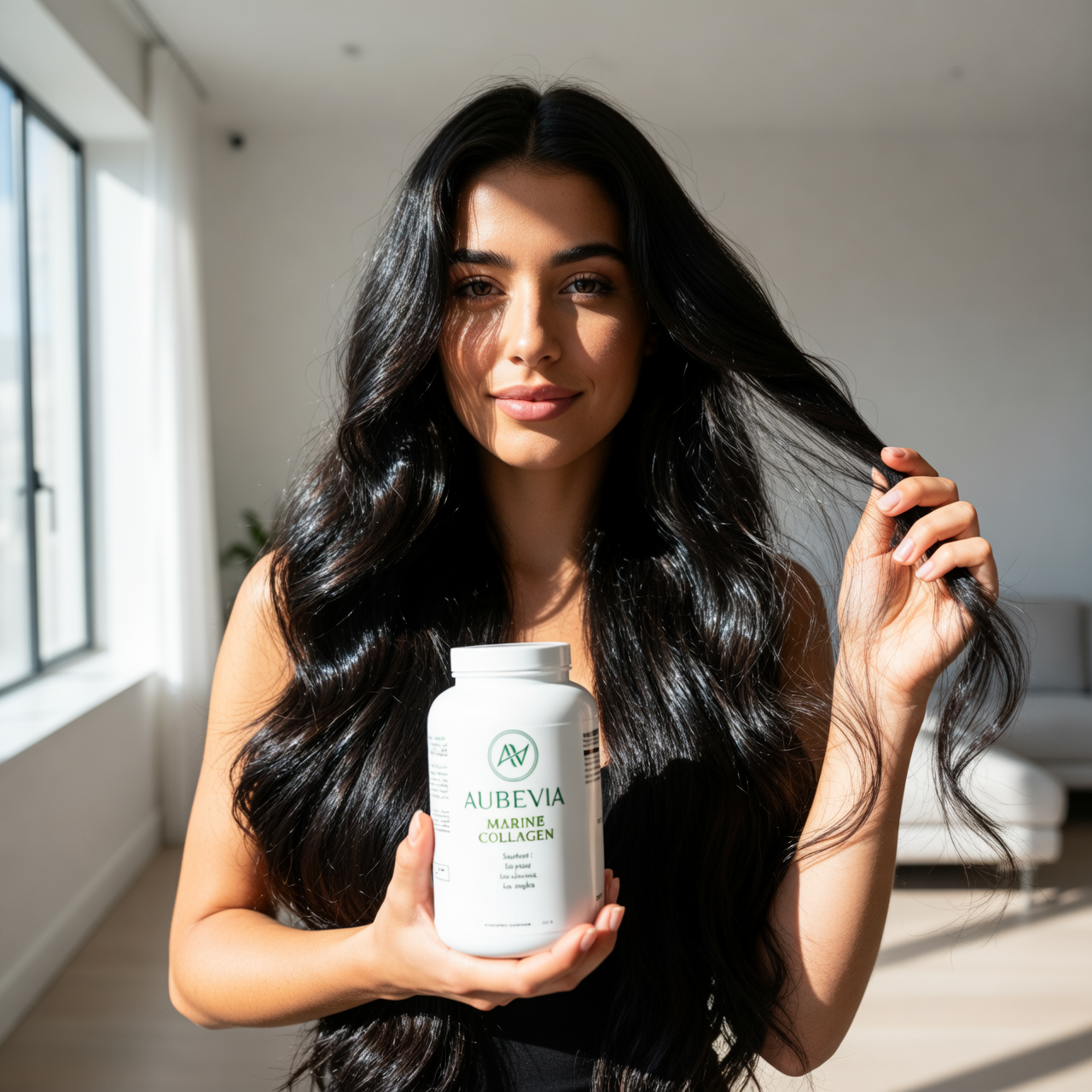 Gros plan sur une femme souriante avec une peau éclatante, le produit Aubevia en arrière-plan flouté.