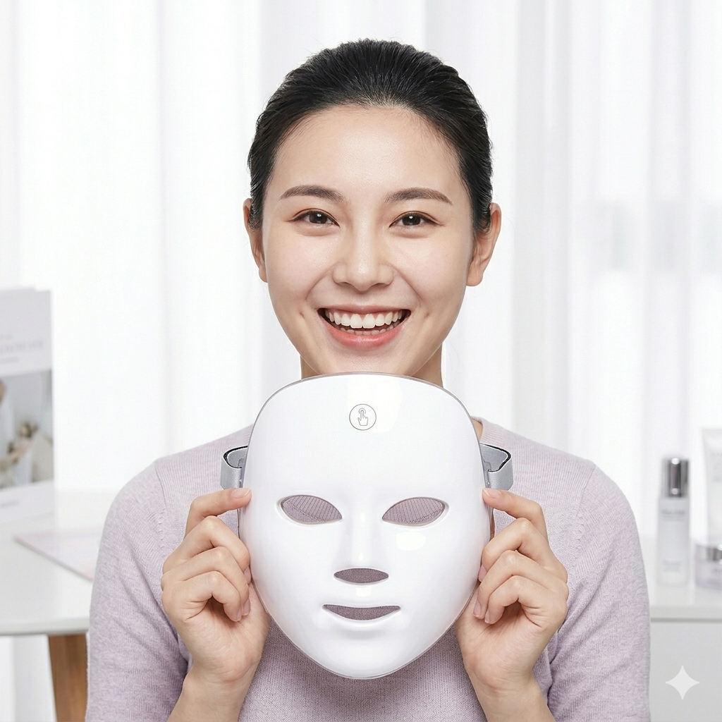 Collage of 7 LED light therapy benefits for skin