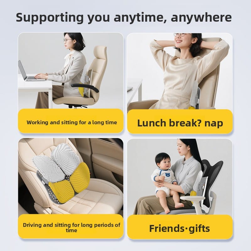 Diagram showing the ergonomic bionic structure of the lumbar support cushion fitting a human back