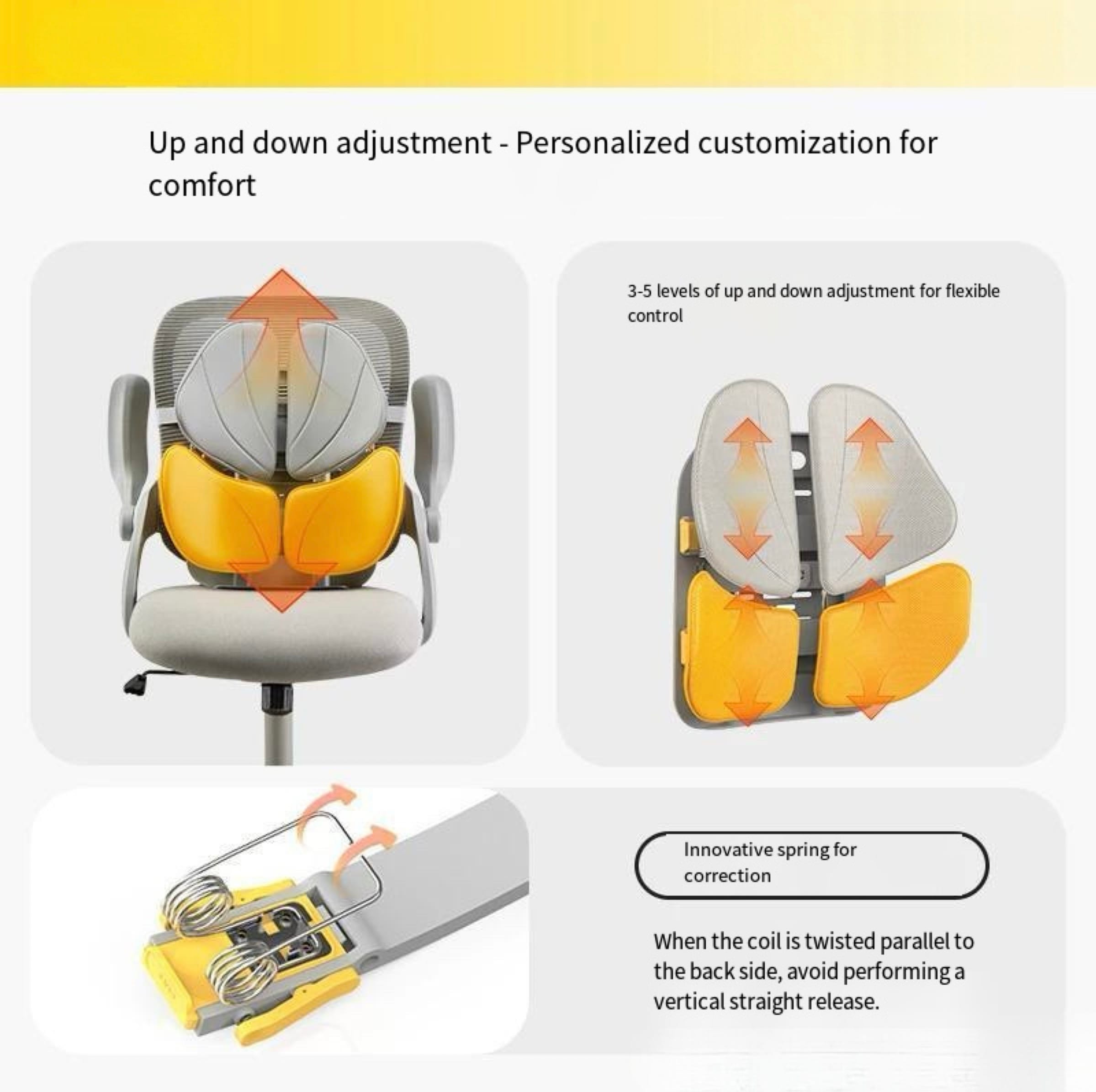 Illustration demonstrating the 0-45 degree adjustment and 8cm height tuning of the lumbar cushion