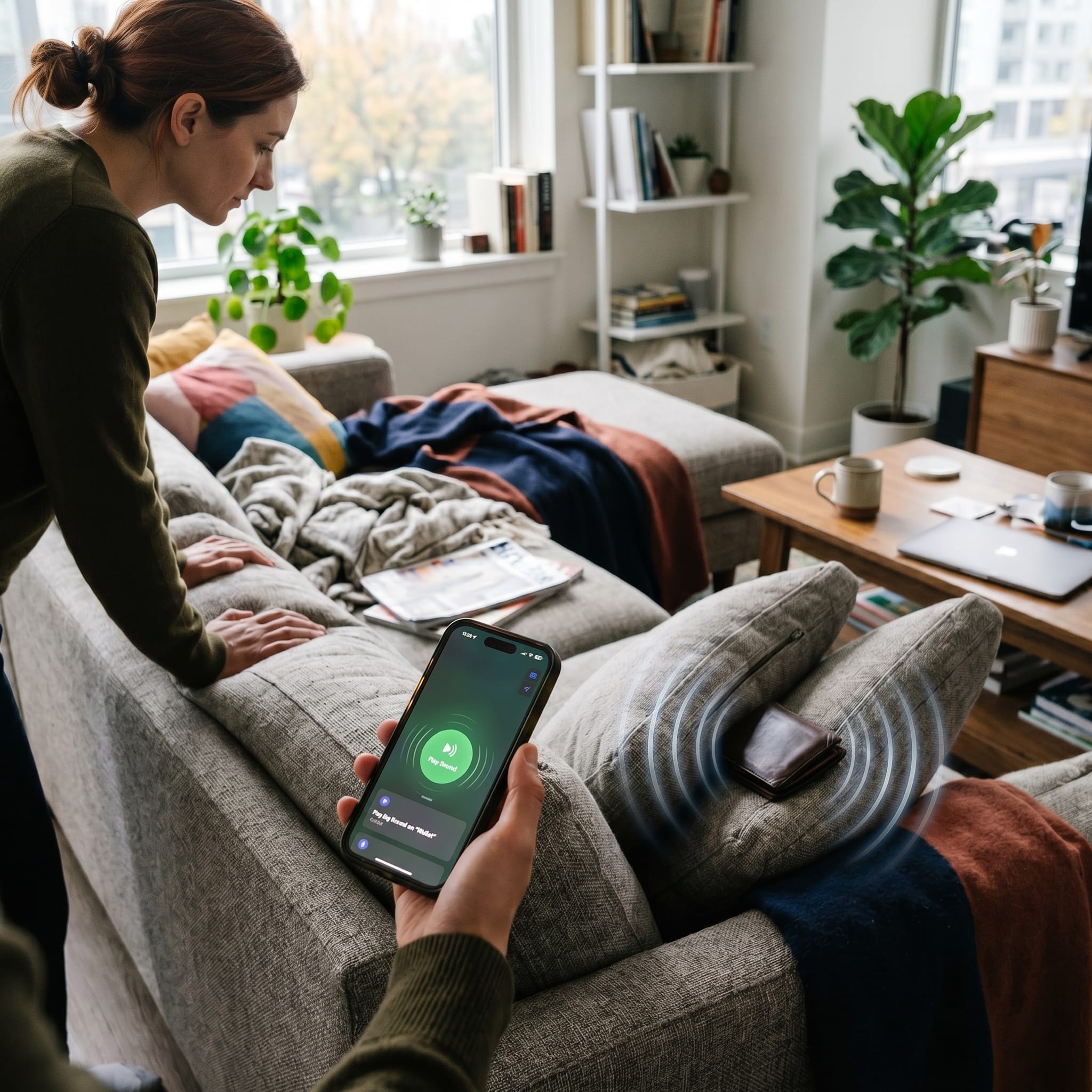 Persona usando un localizador de objetos para encontrar sus llaves.