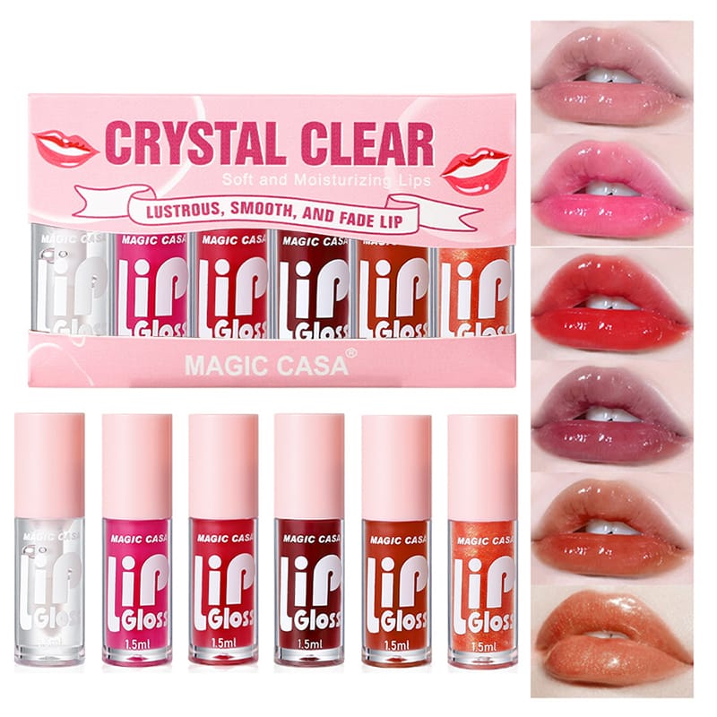 6 Pieces Glass Mirror Lip Gloss Set Hydrating Lightweight Lip Balm Glossy Shimmer Sheer Tint Peach Cherry Pink