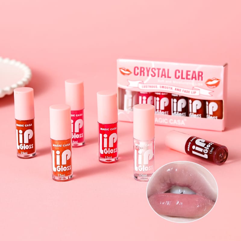 6 Pieces Glass Mirror Lip Gloss Set Hydrating Lightweight Lip Balm Glossy Shimmer Sheer Tint Peach Cherry Pink