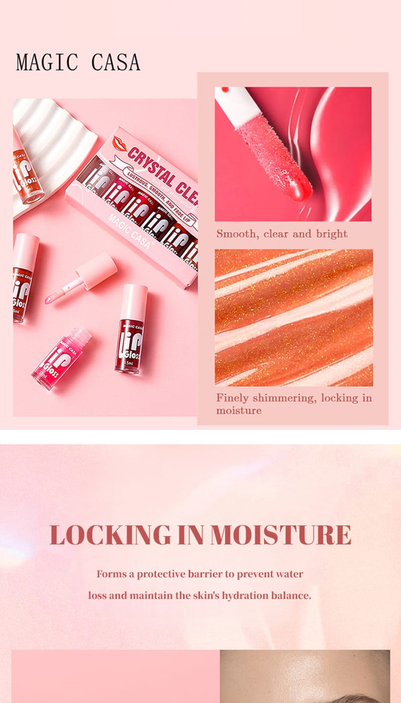 6 Pieces Glass Mirror Lip Gloss Set Hydrating Lightweight Lip Balm Glossy Shimmer Sheer Tint Peach Cherry Pink