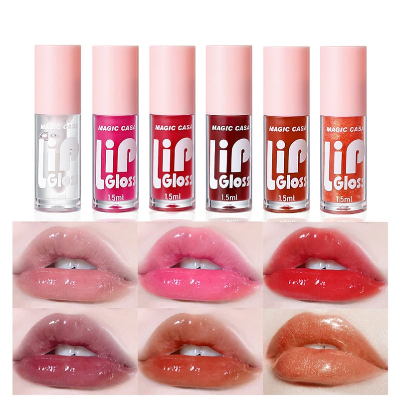 6 Pieces Glass Mirror Lip Gloss Set Hydrating Lightweight Lip Balm Glossy Shimmer Sheer Tint Peach Cherry Pink