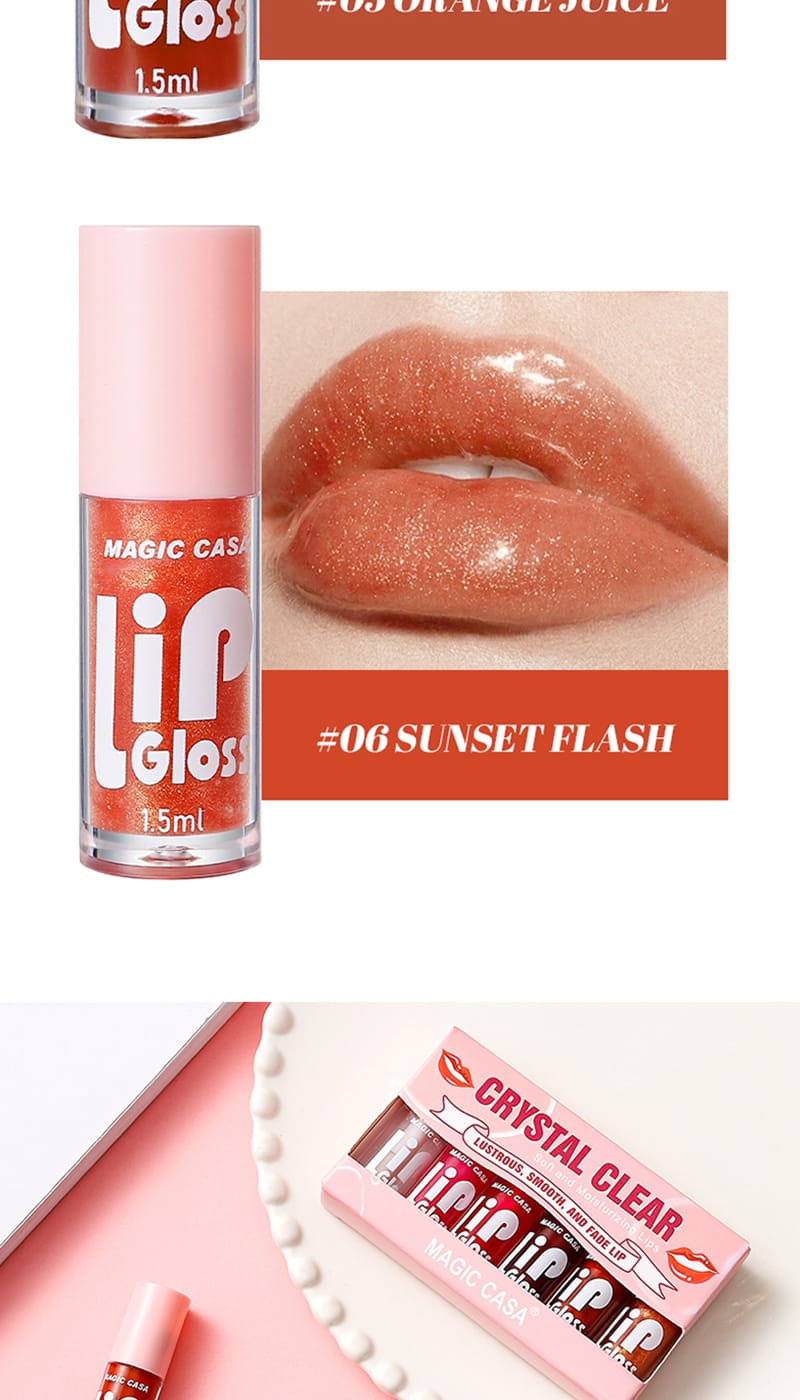 6 Pieces Glass Mirror Lip Gloss Set Hydrating Lightweight Lip Balm Glossy Shimmer Sheer Tint Peach Cherry Pink