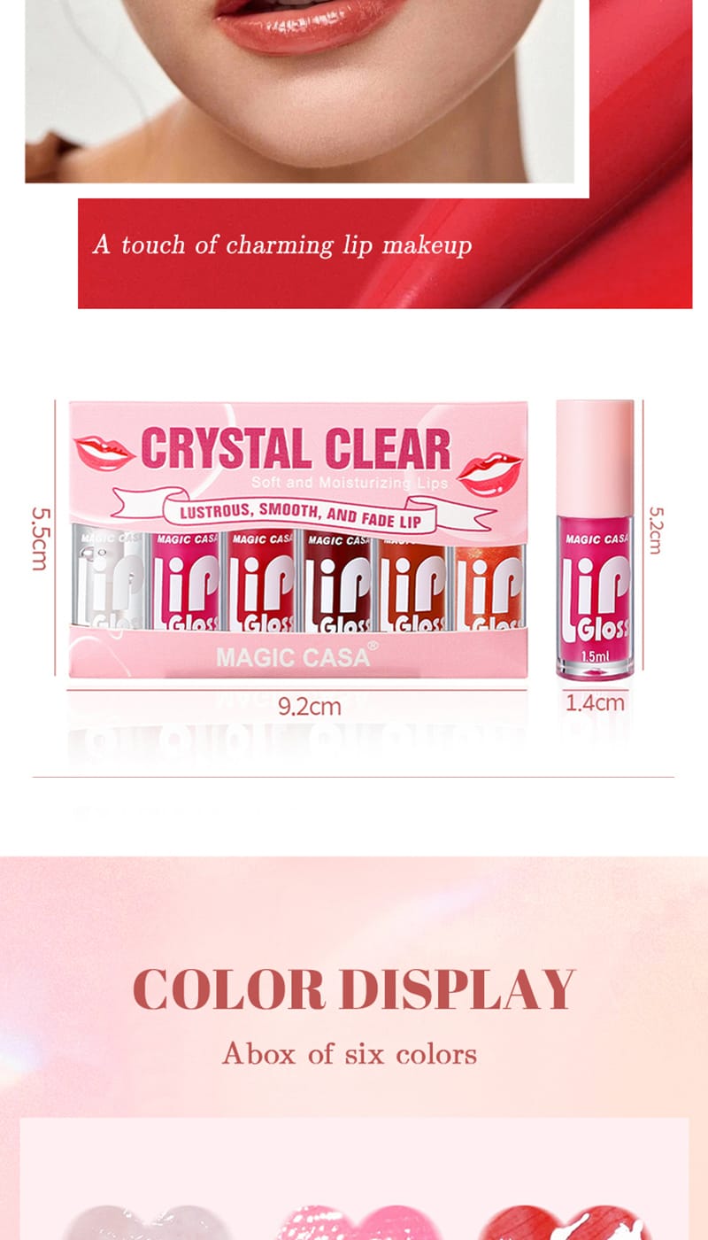 6 Pieces Glass Mirror Lip Gloss Set Hydrating Lightweight Lip Balm Glossy Shimmer Sheer Tint Peach Cherry Pink