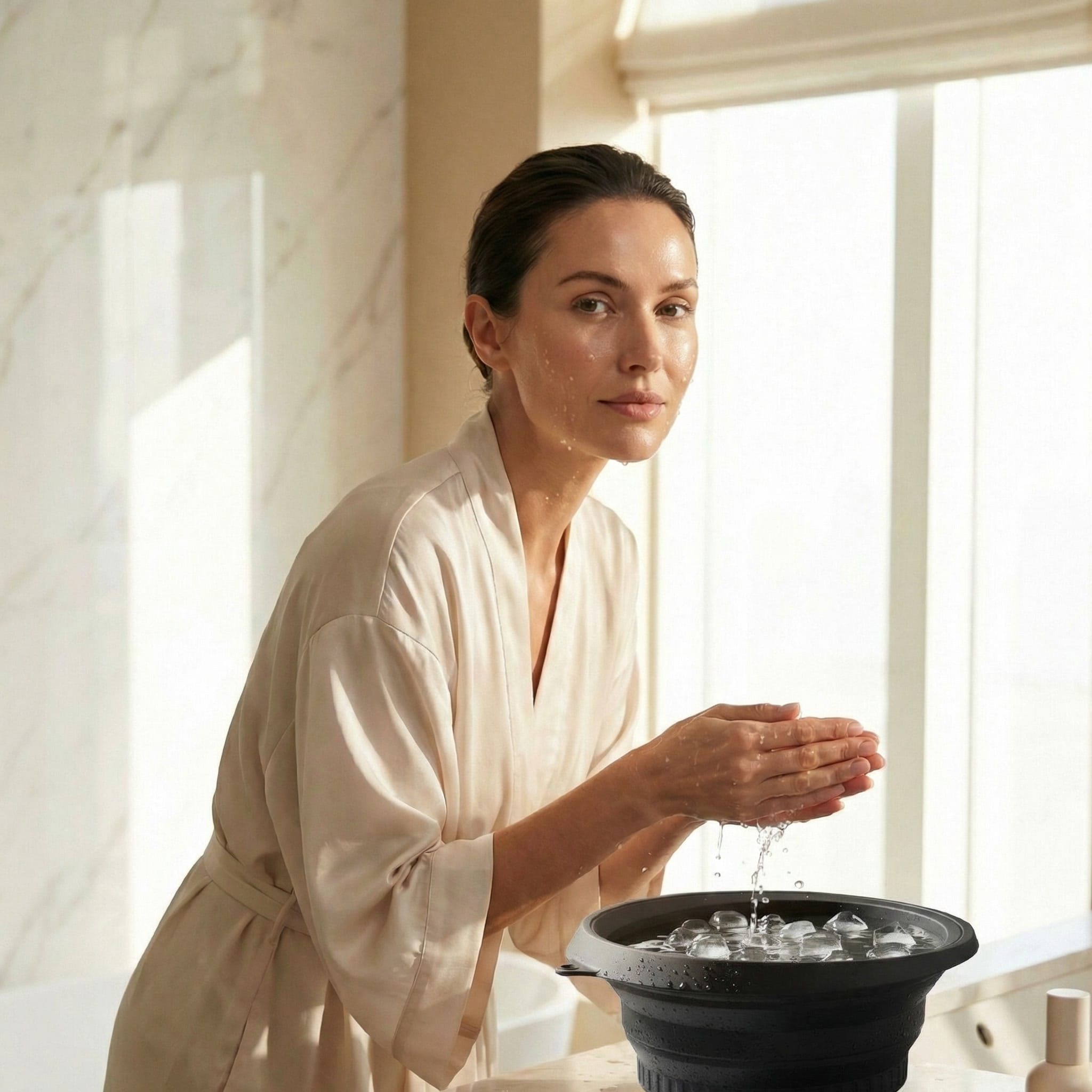 Silicone Face Ice Bath Bowl in use during travel