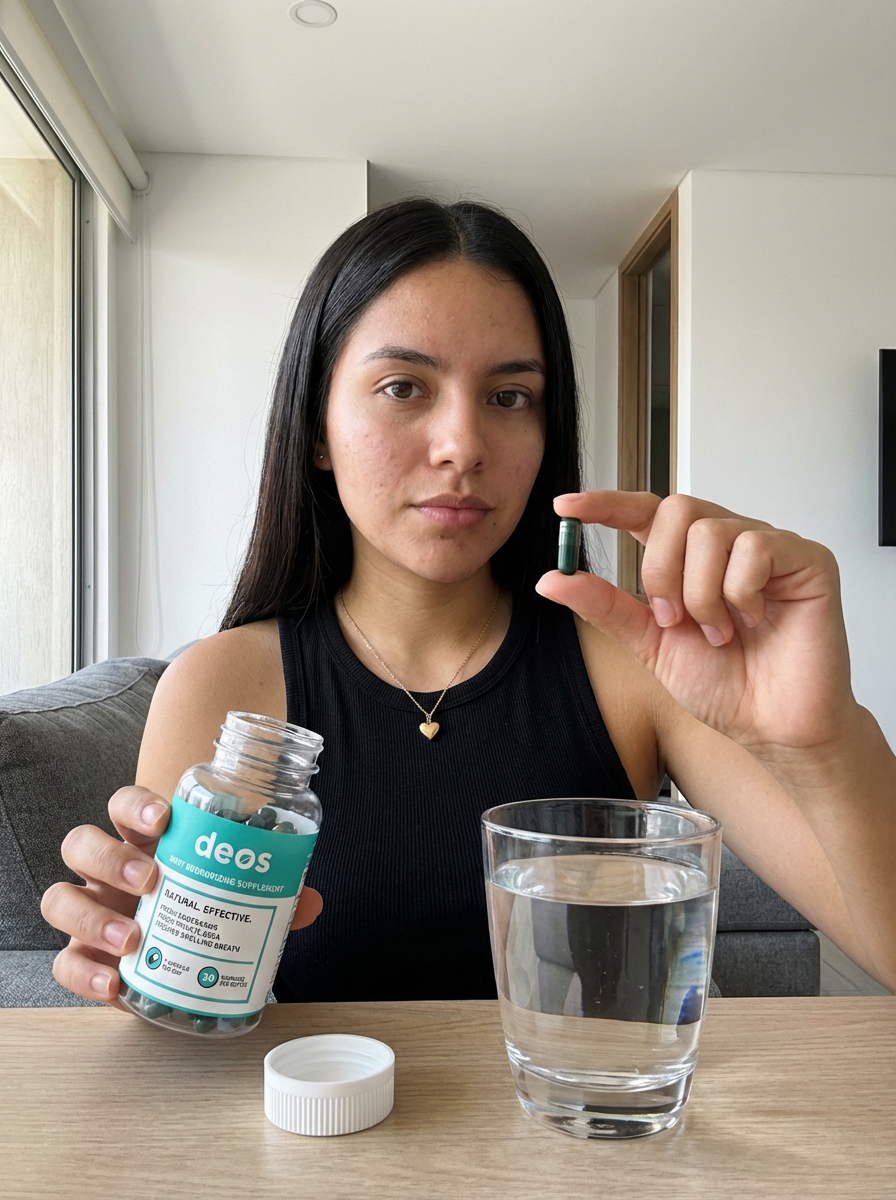 Illustrazione di una persona che ingoia una capsula con acqua.