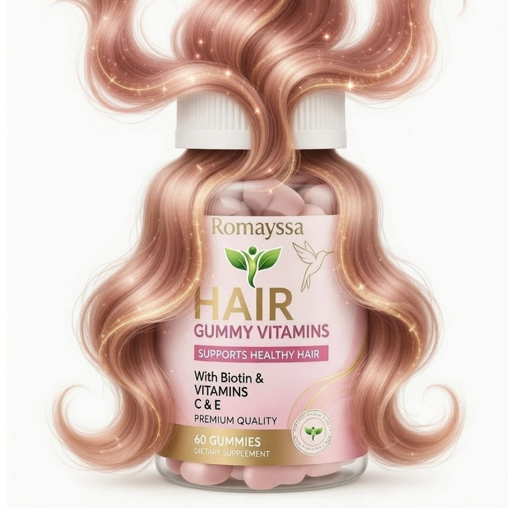Close-up of Romayssa Hair Gummy Vitamins bottle with vibrant hair in the background