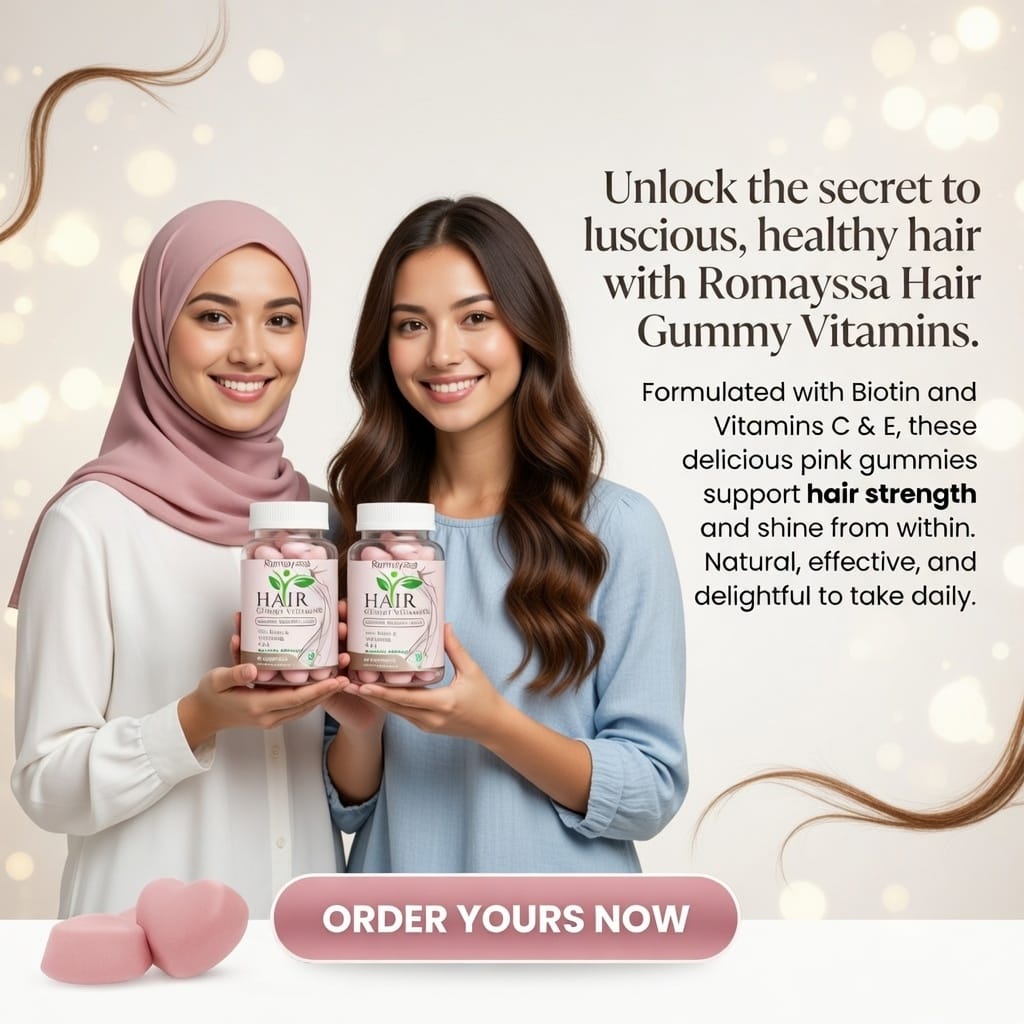 Happy customer holding a bottle of Romayssa Hair Gummy Vitamins with lush hair