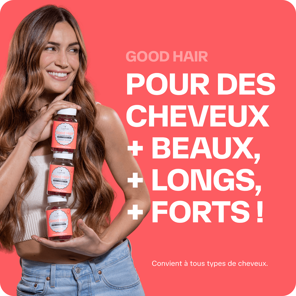 Femme avec des cheveux longs et brillants utilisant des gummies