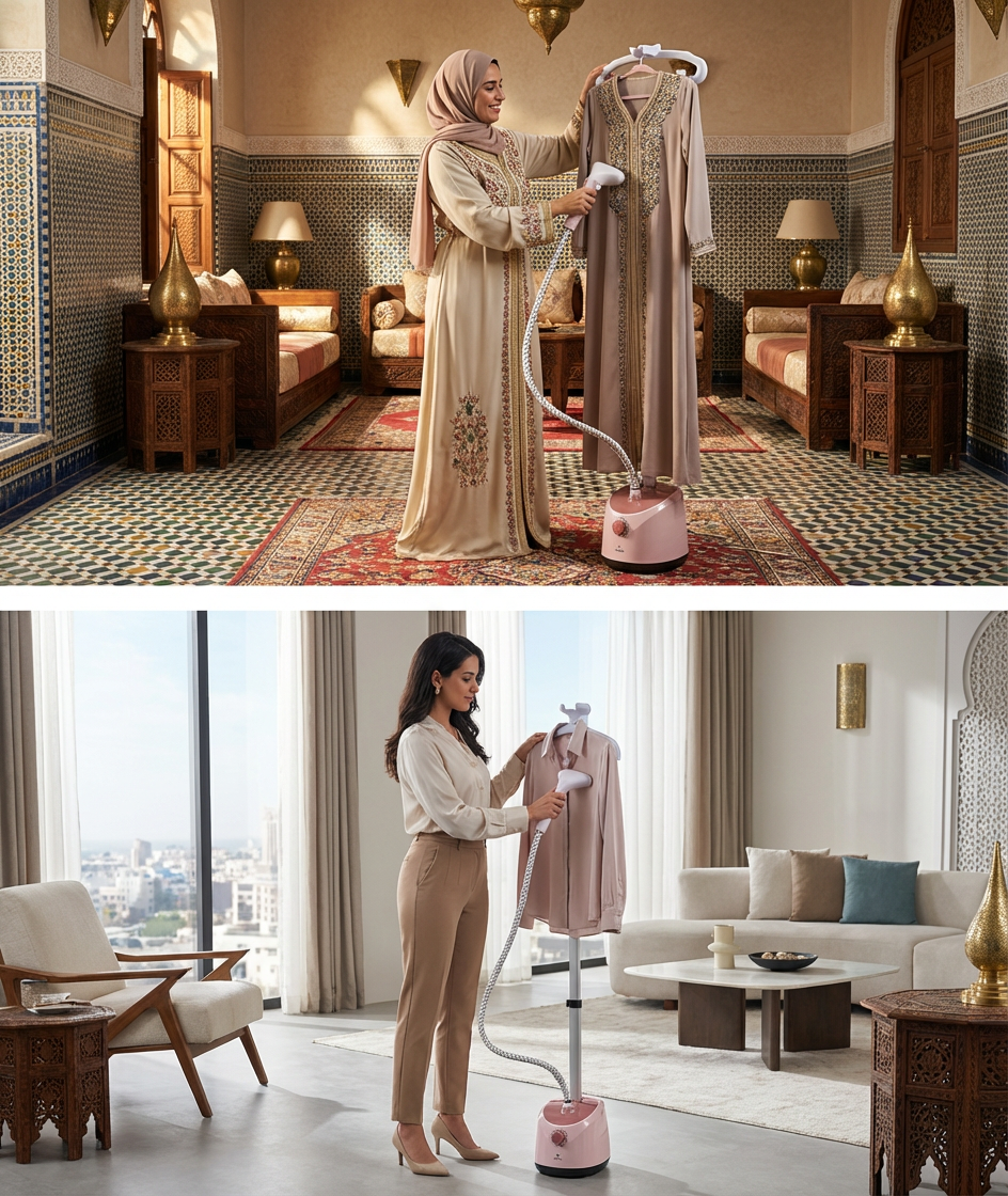 مكواة بخار قماش قائمة باللون الوردي