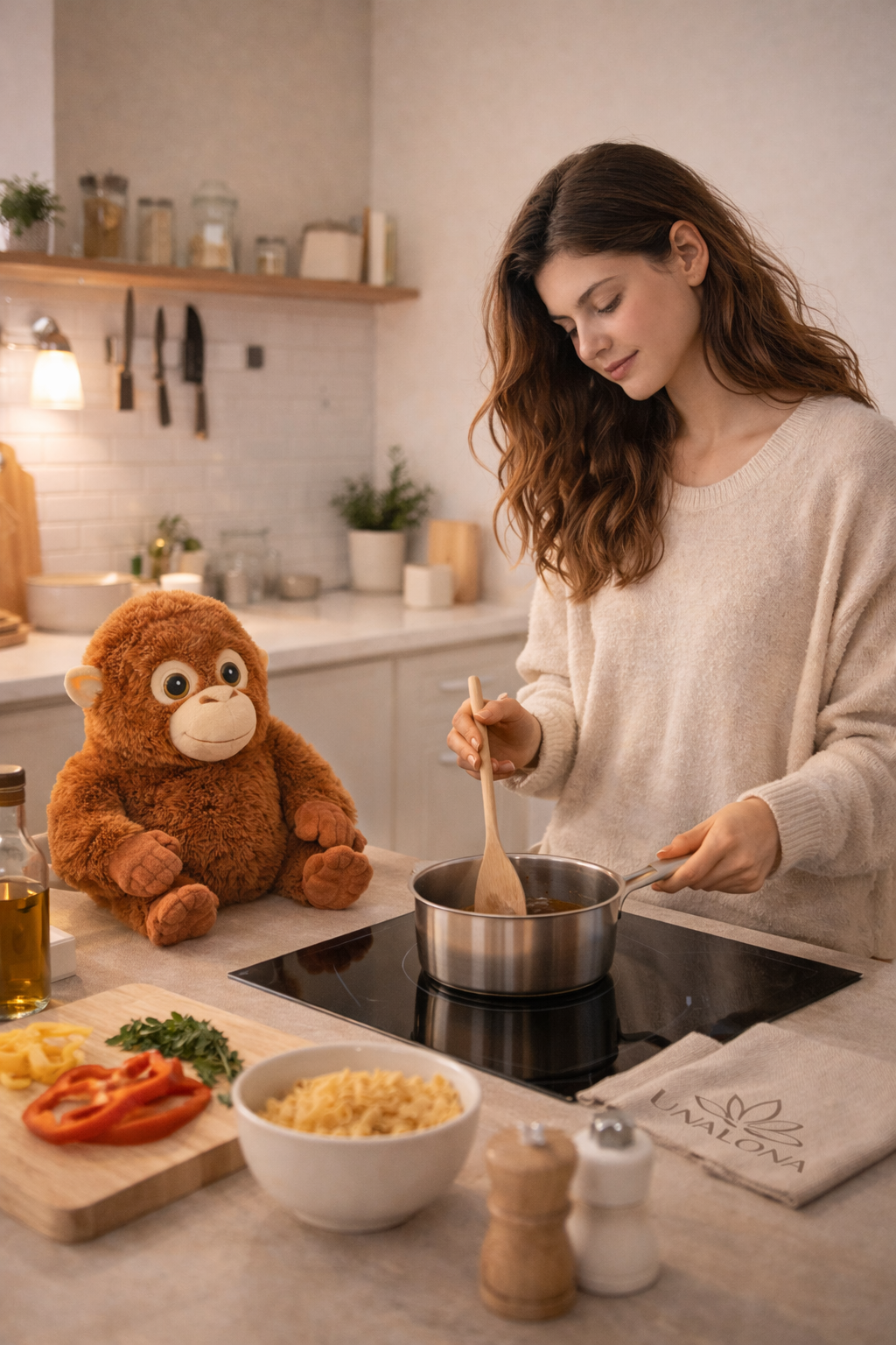 Family enjoying time with Unalona plush toy