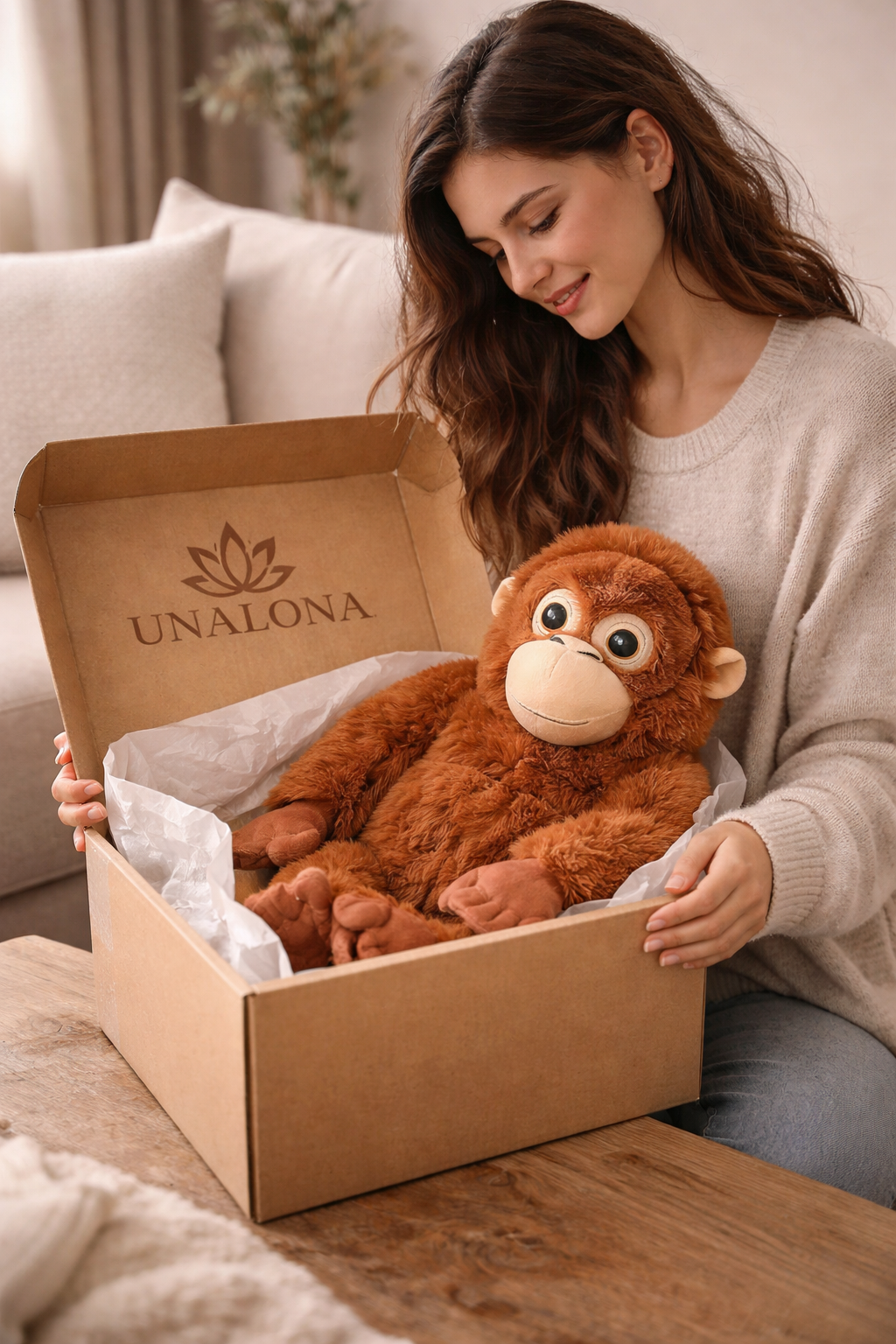 Unalona plush toy in a cozy living room setting