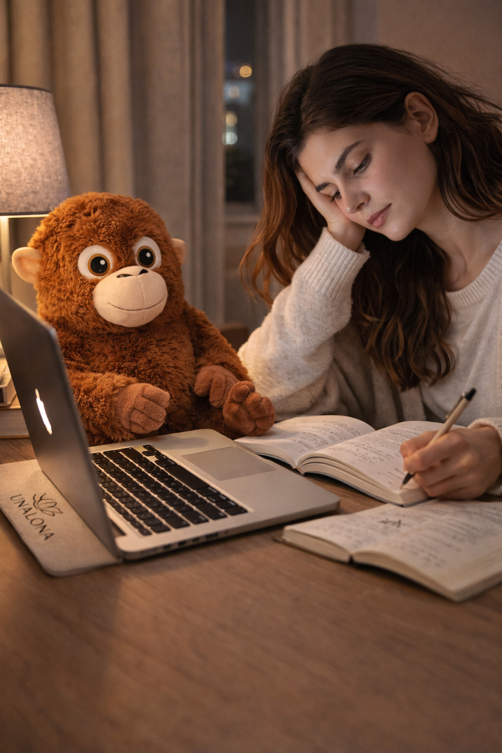 Child hugging Unalona plush toy in bed