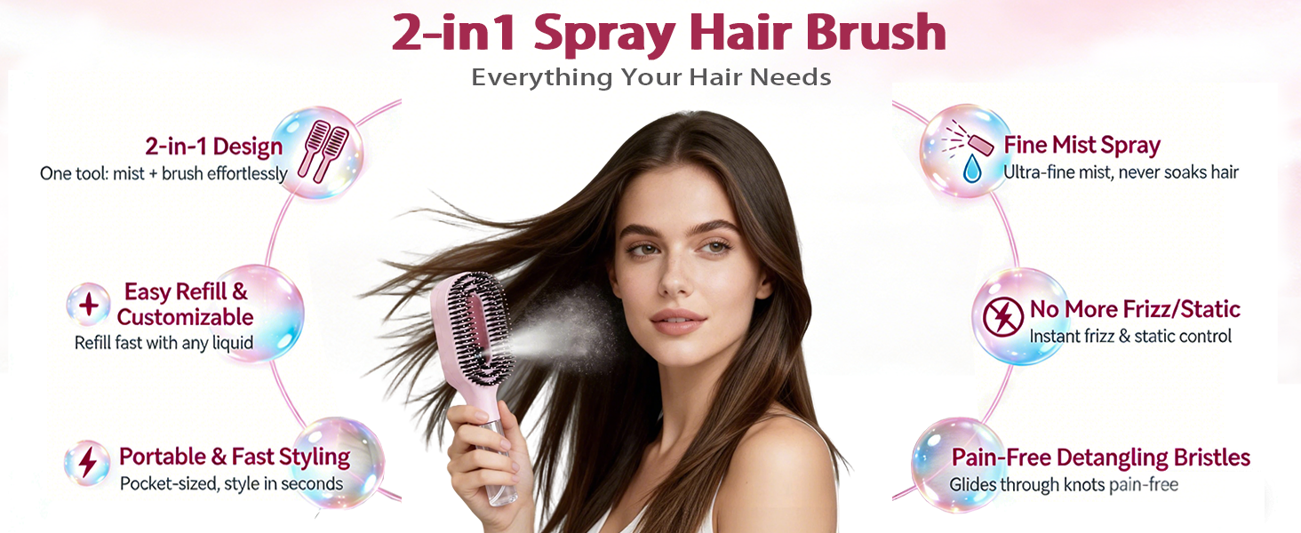 Water Spray Hair Brush with built-in mister for silky-smooth hair