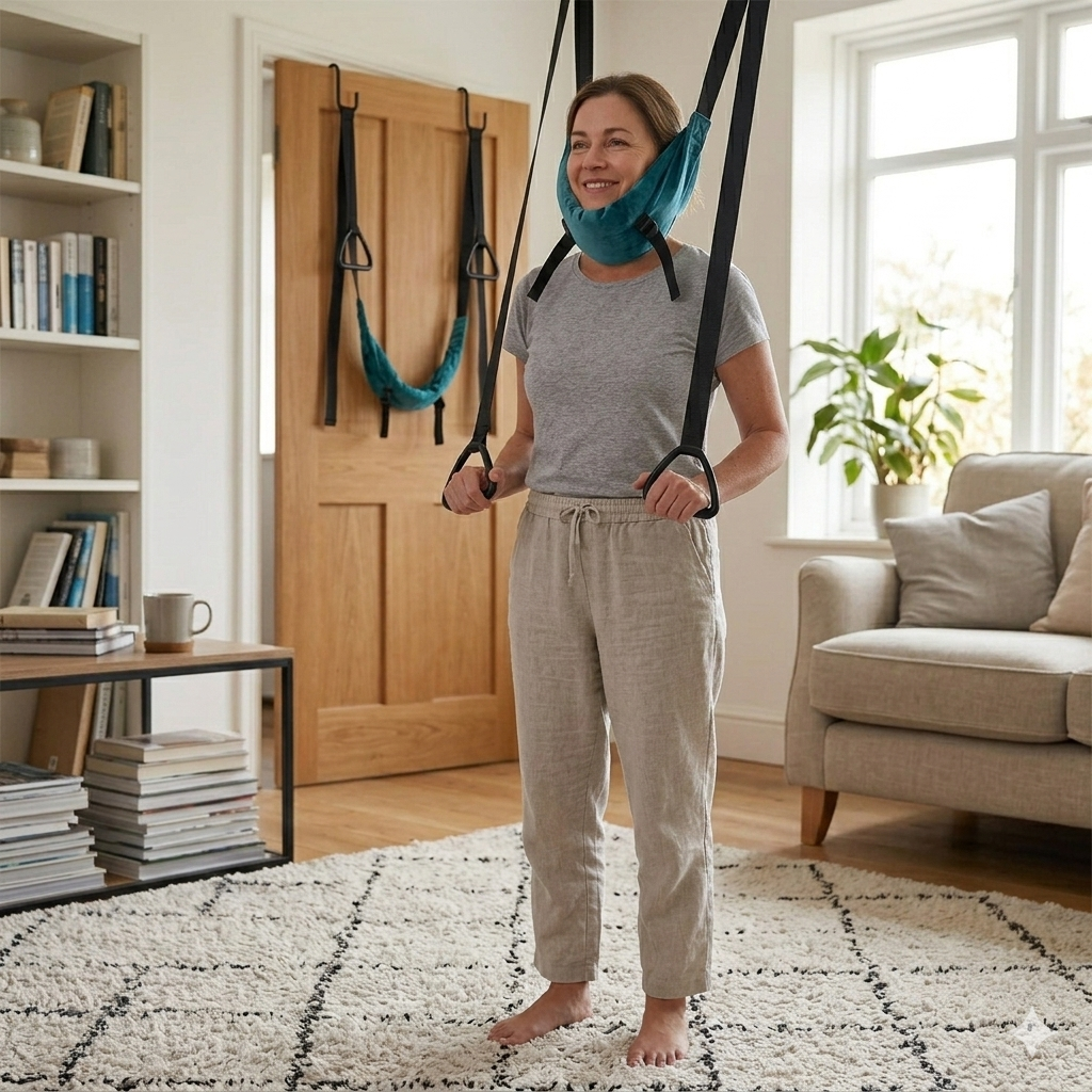 Person relaxing comfortably while using the cervical traction device for neck relief.