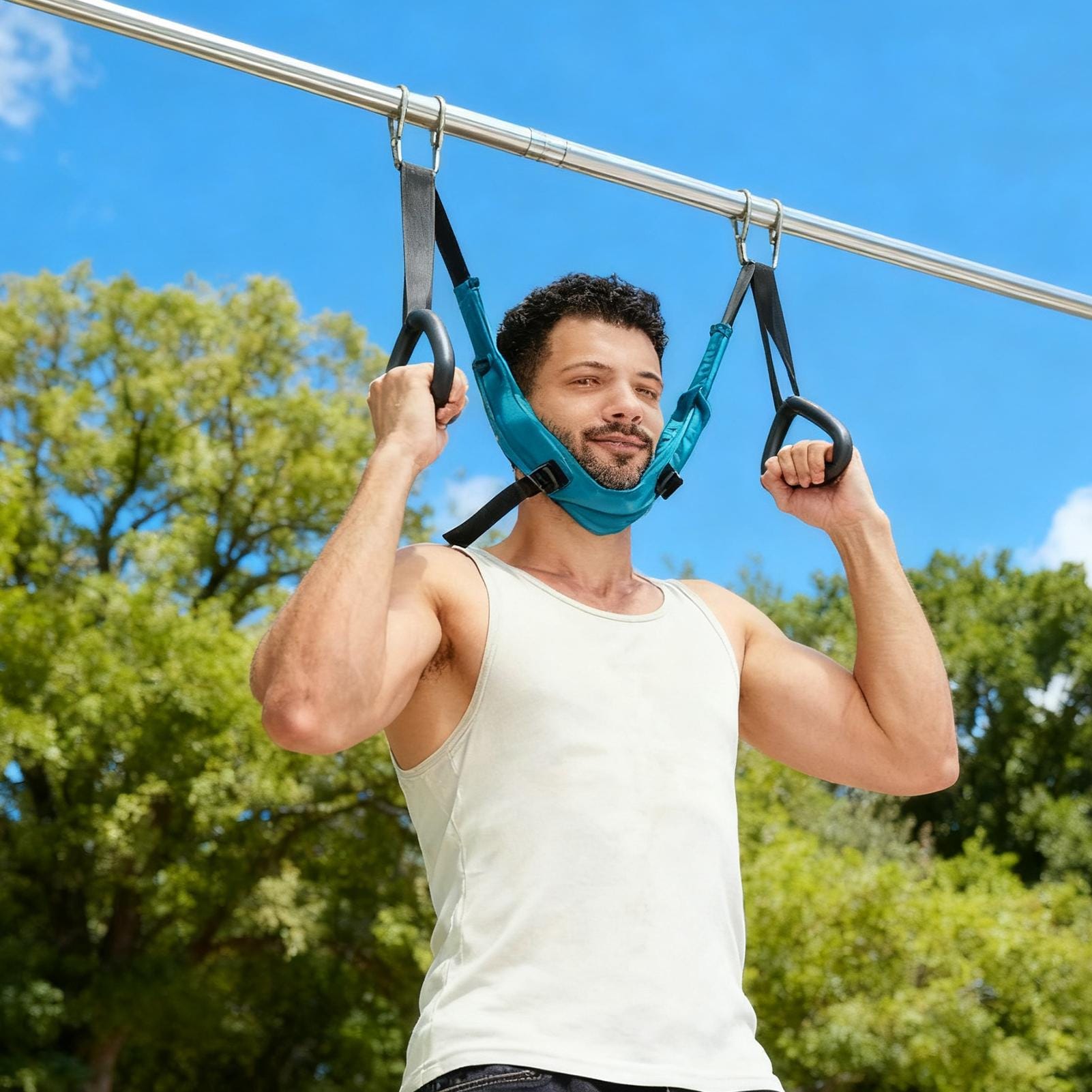 Cervical traction device hanging over a door, ready for use.