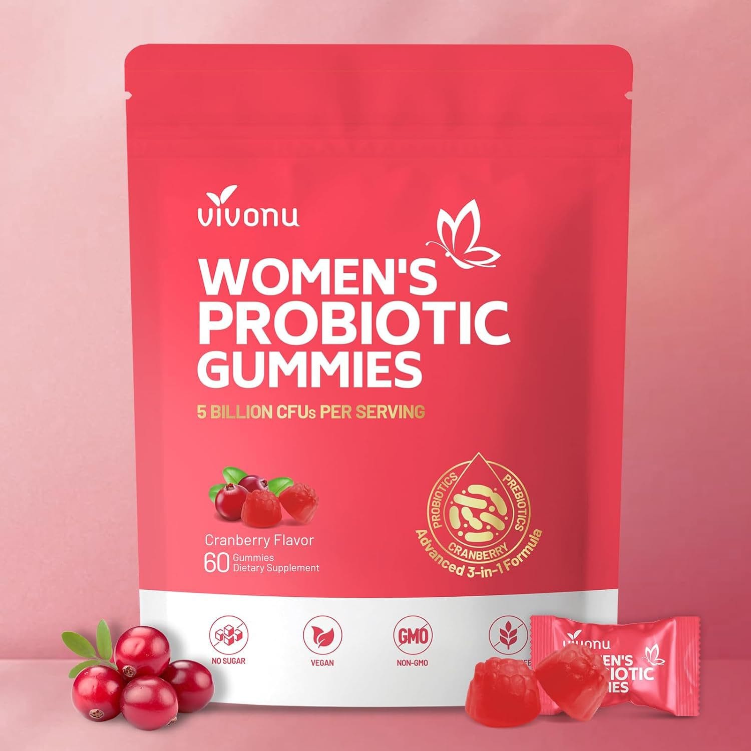 Vivonu Women's Probiotic Gummies, cranberry flavor, individually wrapped