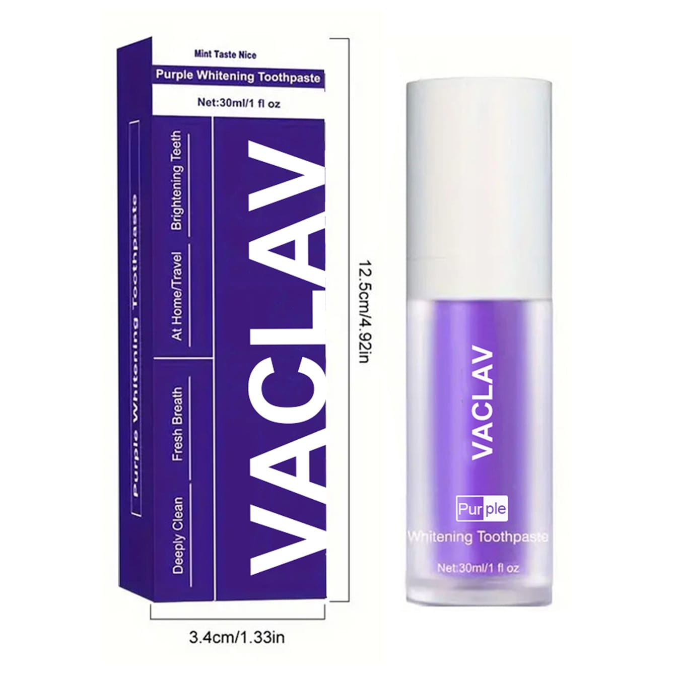 Purple color-correcting toothpaste tube with a bright, confident smile in the background, highlighting instant teeth whitening.