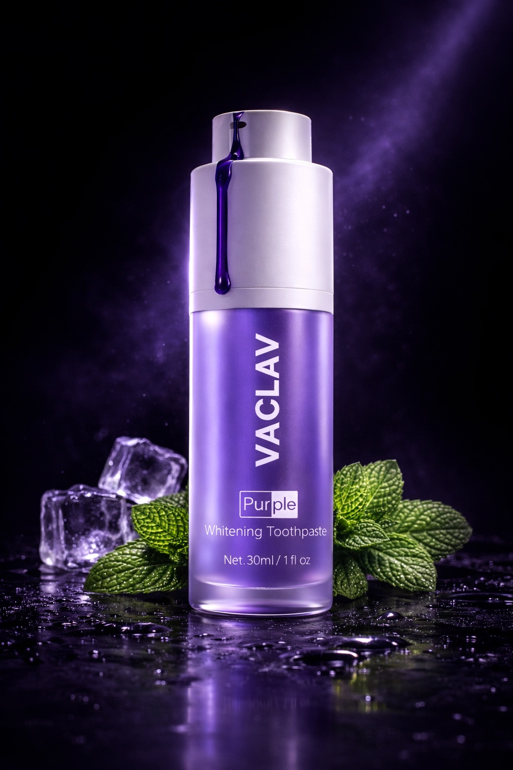 Purple color correcting toothpaste in use