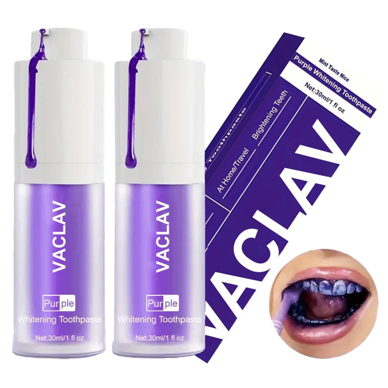 Purple color-correcting toothpaste tube for instant teeth brightening.