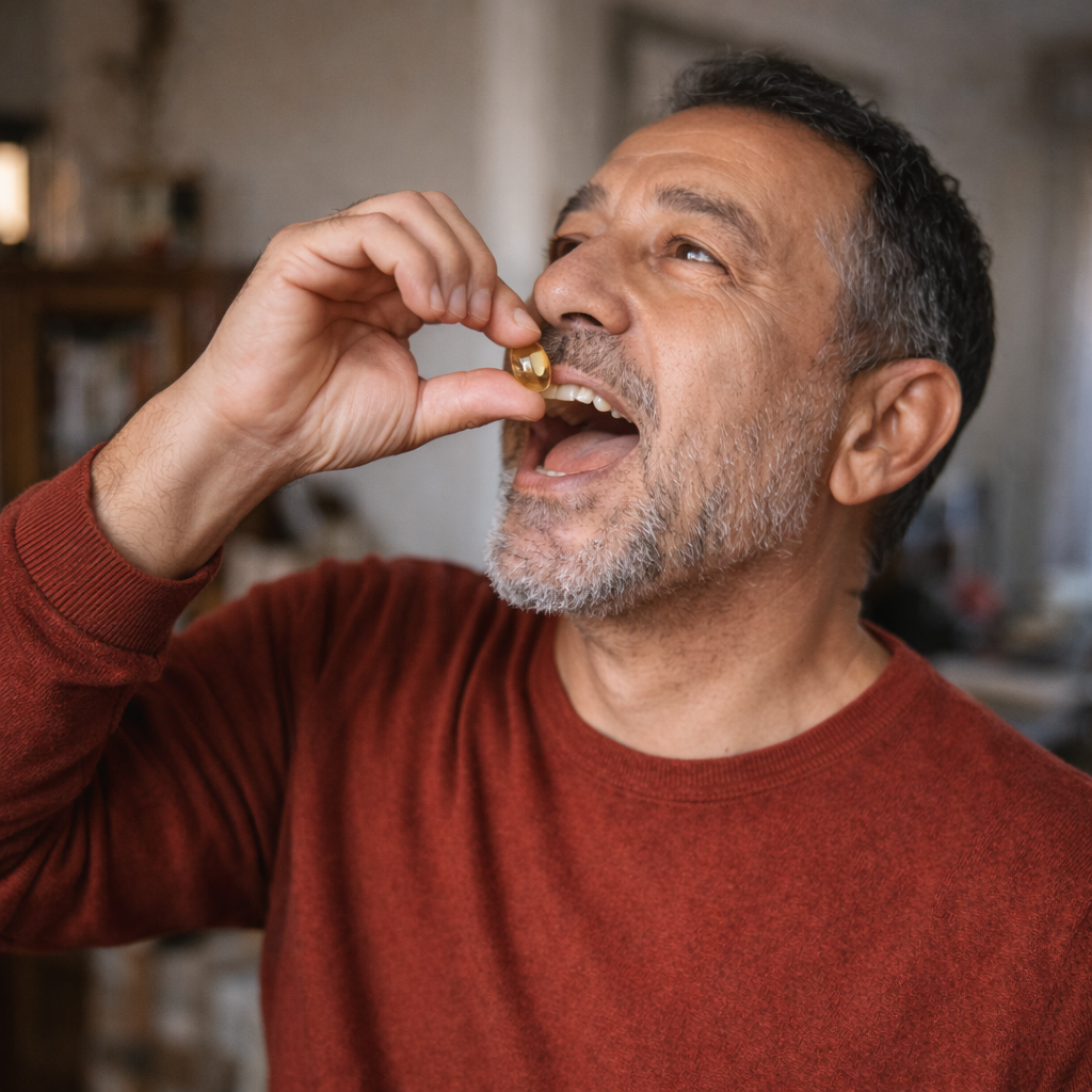 صورة توضيحية ليد تتناول كبسولة الأوريجانو وحبة البركة