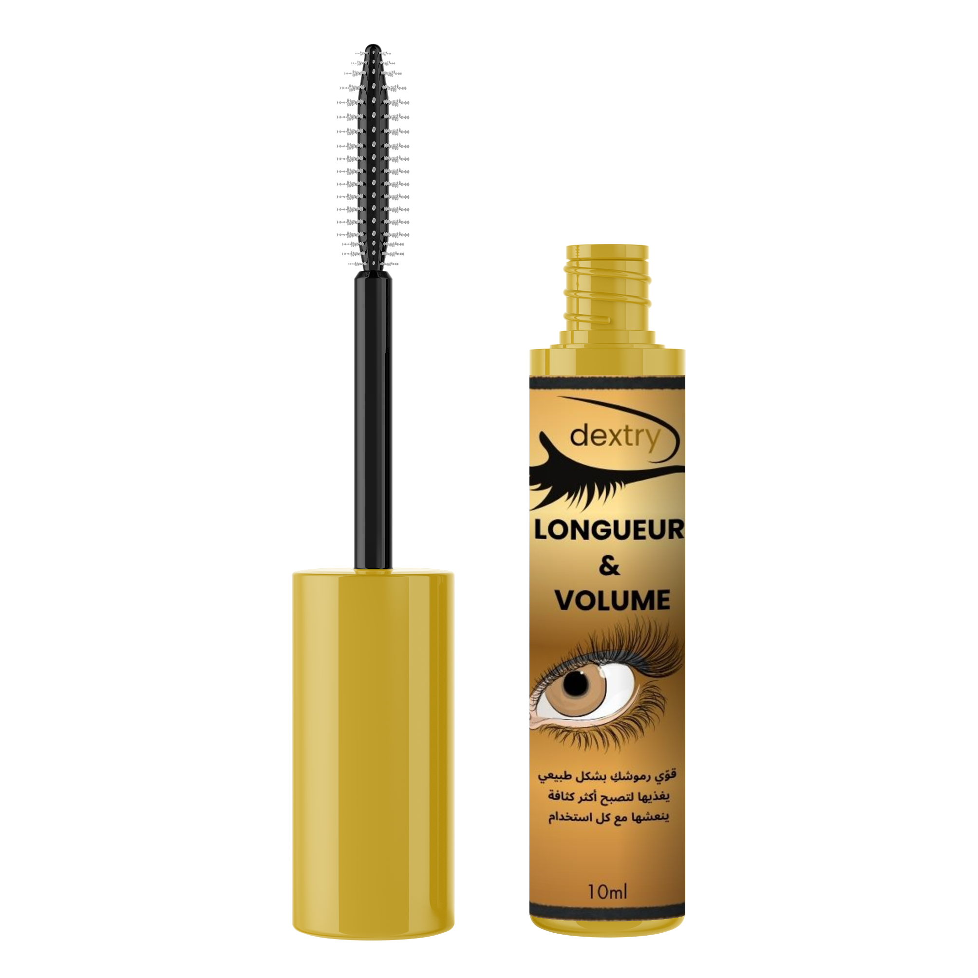 Bottle of eyelash growth serum next to a makeup brush