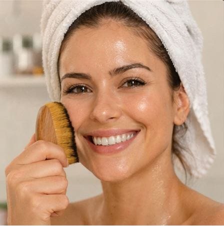 Happy woman smiling after using ProductX, showcasing radiant, sculpted skin.