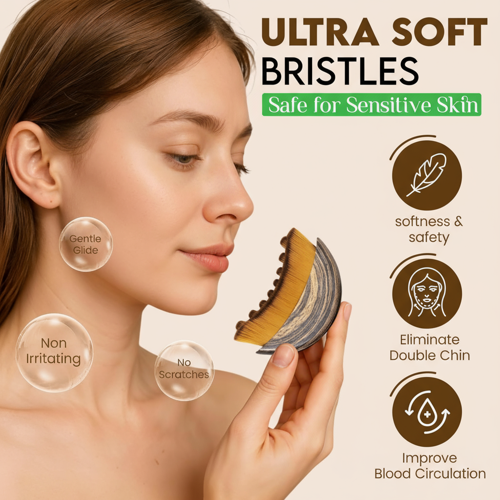 Woman smiling, showcasing radiant, de-puffed skin after using the tool.