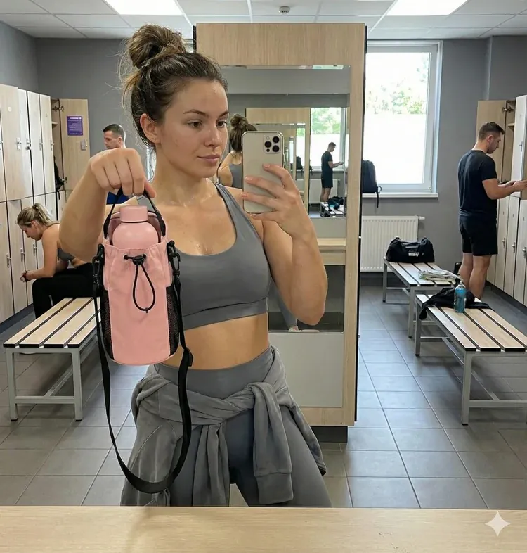 The magnetic holder keeping a phone and water bottle elevated and pristine, far from the dirty gym floor, showcasing hygiene.