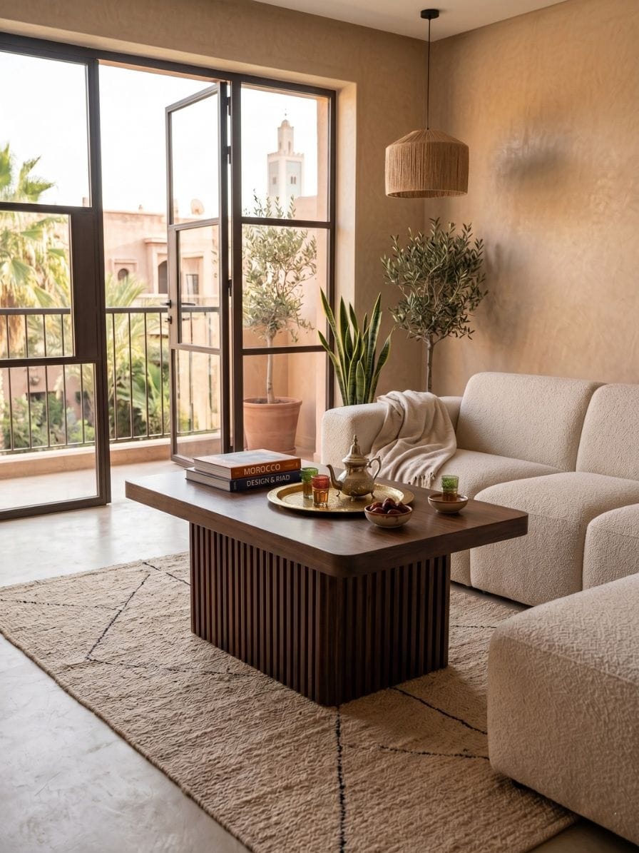 Table basse en noyer massif dans un salon moderne.