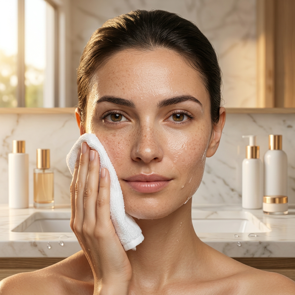 Close-up of hands cleansing a face before LED therapy.