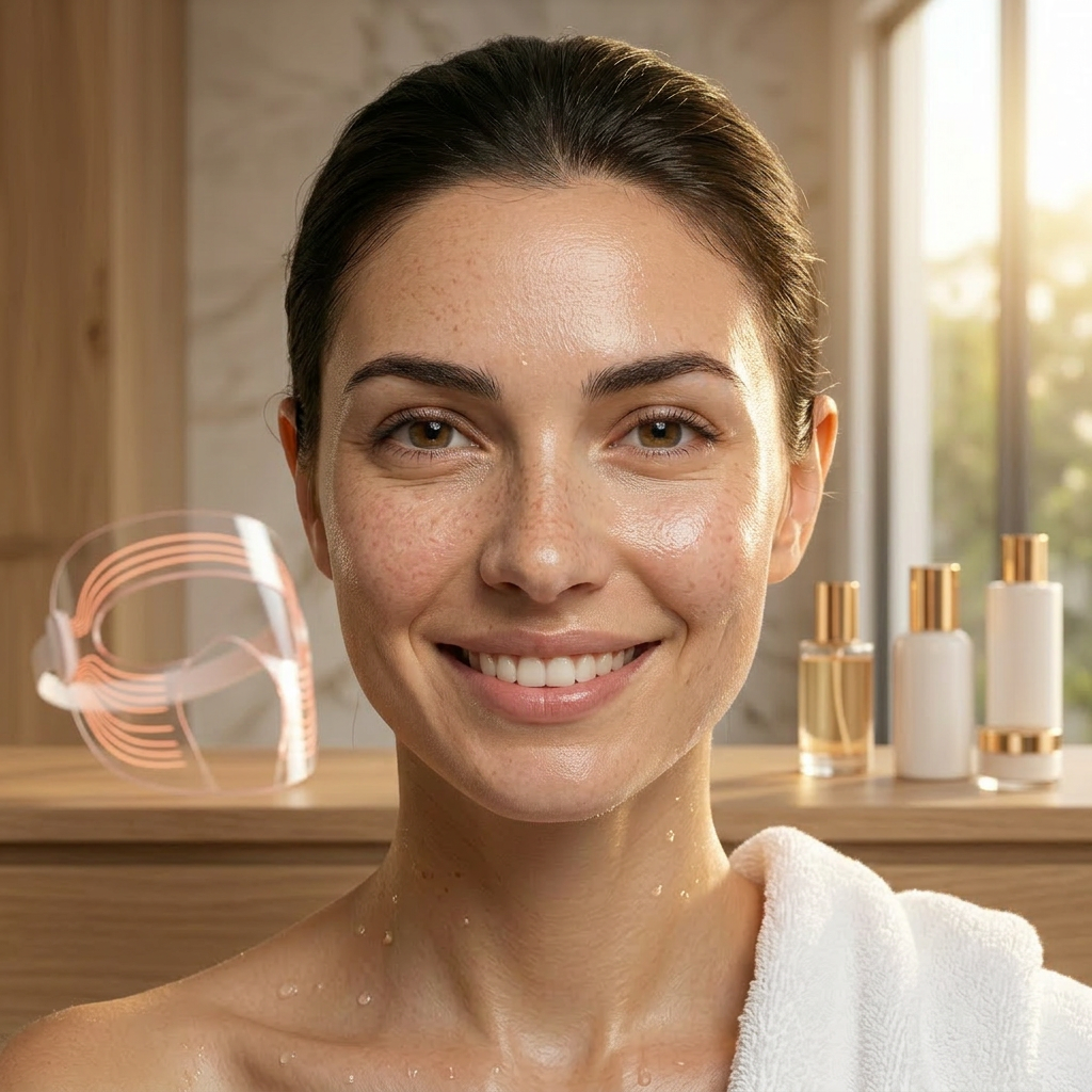 Woman smiling, touching her glowing face after using the LED visor.