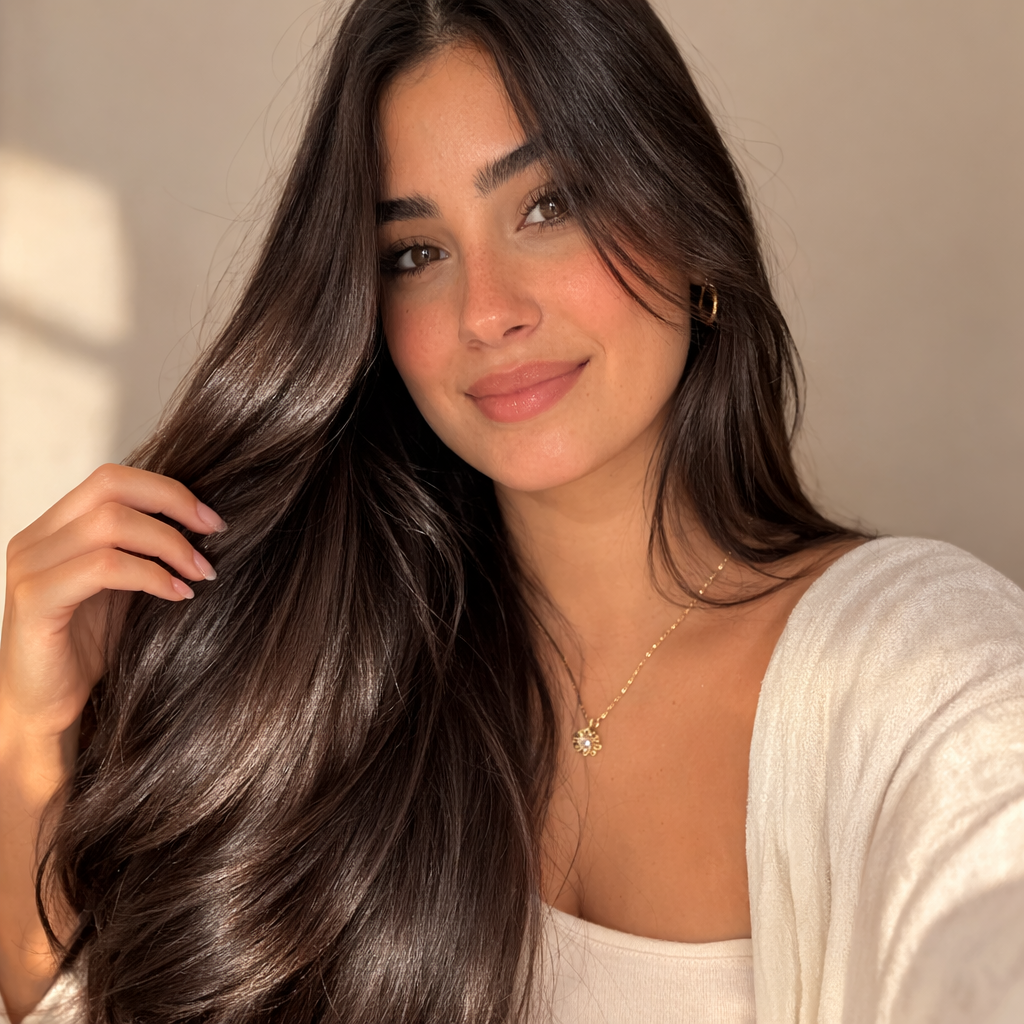 امرأة سعيدة بشعرها الكثيف واللامع بعد استخدام منتج نمو الشعر.