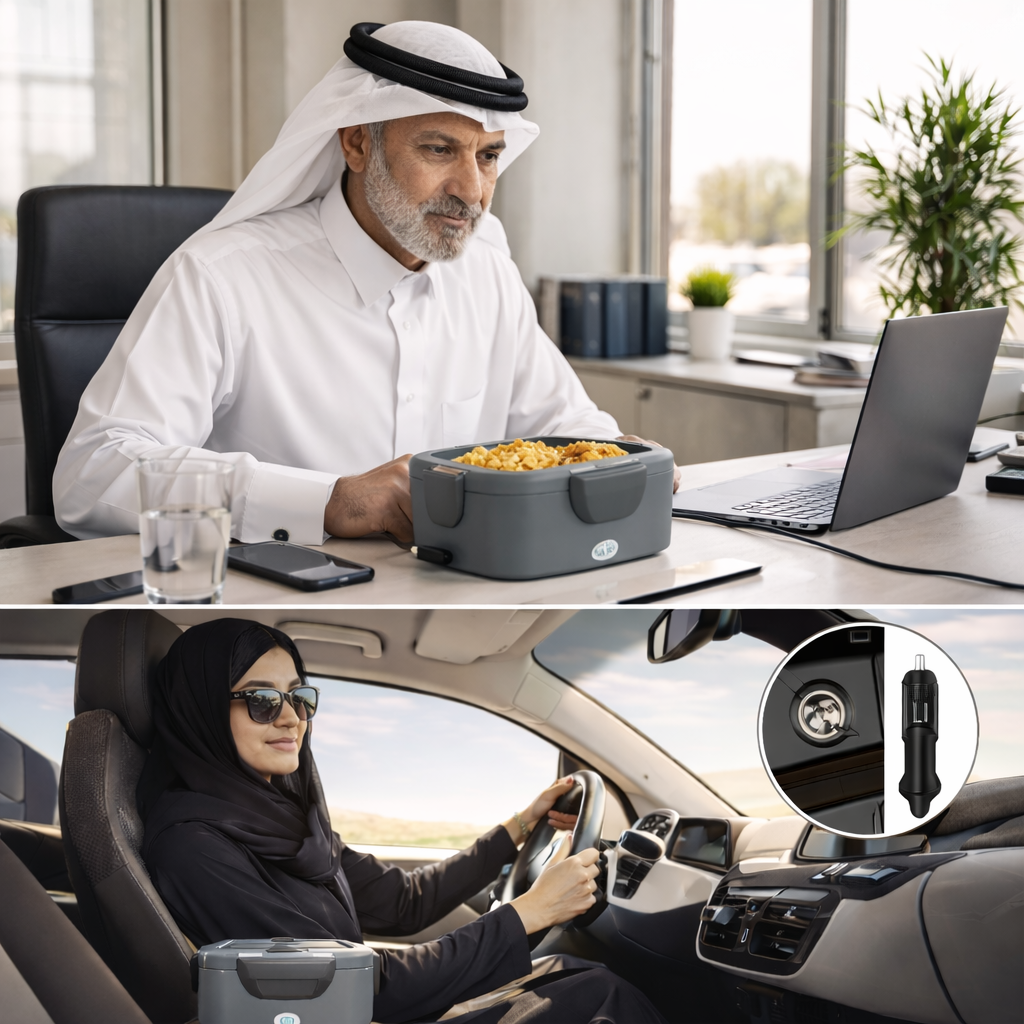 عملاء سعداء يستمتعون بوجبات دافئة ومريحة باستخدام حافظة الطعام الكهربائية المحمولة.