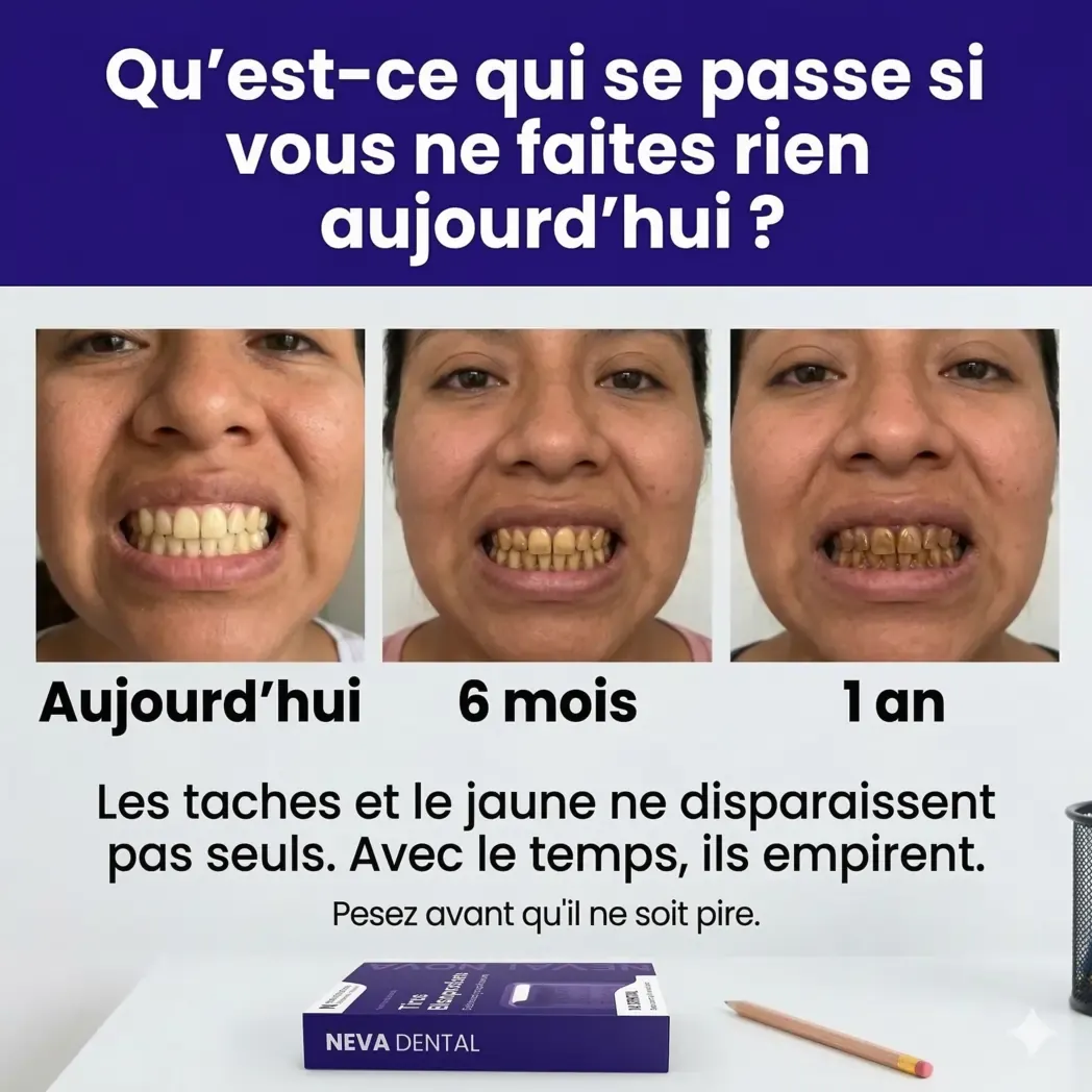 Image d'une femme souriante avec des dents blanches éclatantes après utilisation du produit.