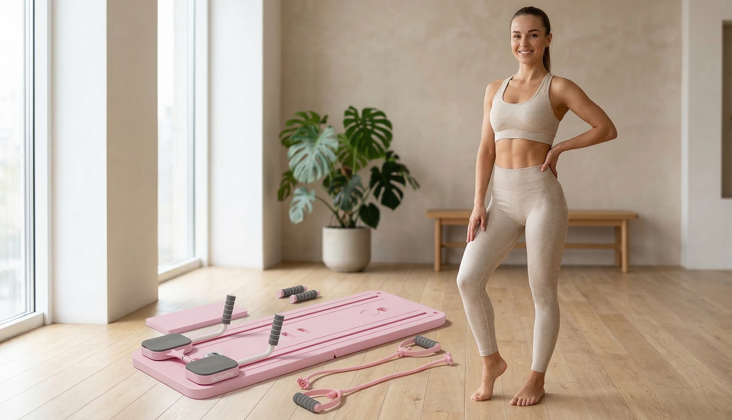 Femme avec une silhouette plus définie, souriante et confiante après une séance de Pilates.